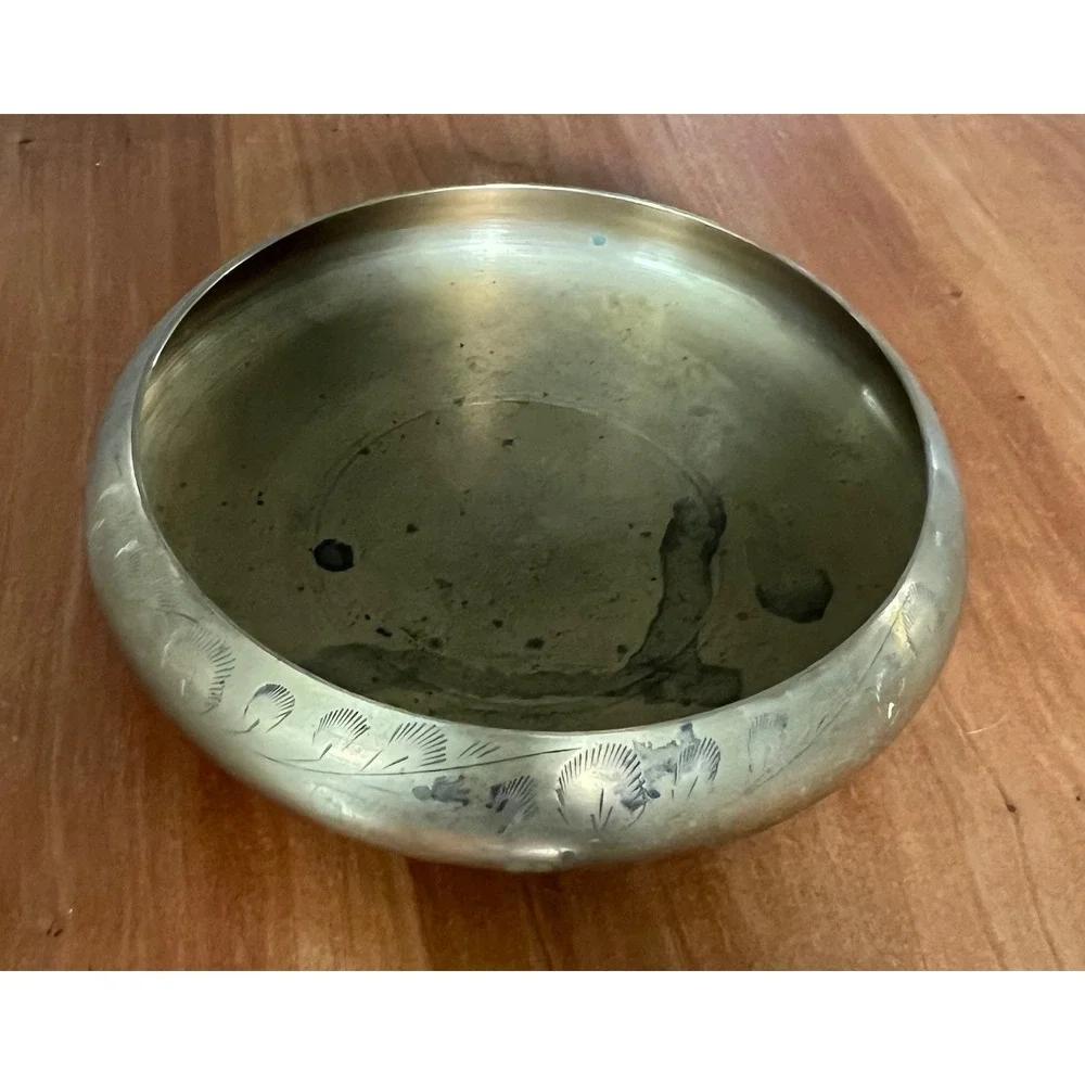 Vintage Etched Brass Flower Frog Bowl India Floral Engraved Gold Round Vase
